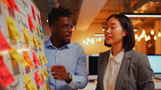black and asian colleagues with sticky notes and roadmap cards, energetic evening workshop in modern office, team prioritizing features on board, product manager and developer debating tasks,
