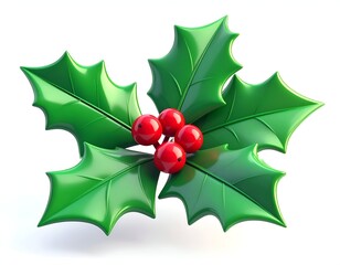 Glossy, digitally rendered holly sprig with red berries on white