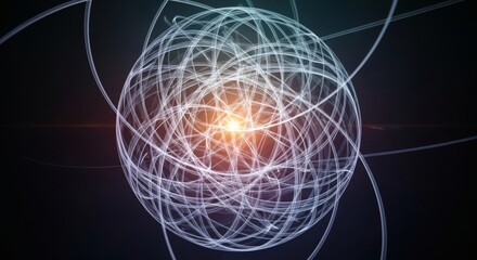 Abstract glowing spherical structure with intricate glowing lines forming a complex web against a dark background