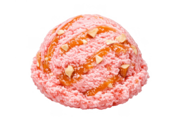 Pink ice cream flavor combining fruit and nuts, drizzled with gooey caramel, creating a tempting and delicious cold treat