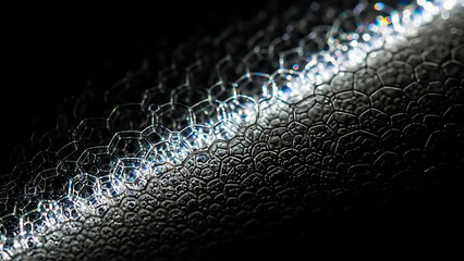 macro soap bubbles hexagonal pattern texture illuminated abstract background demonstrating fluid dynamics for science and technology branding.