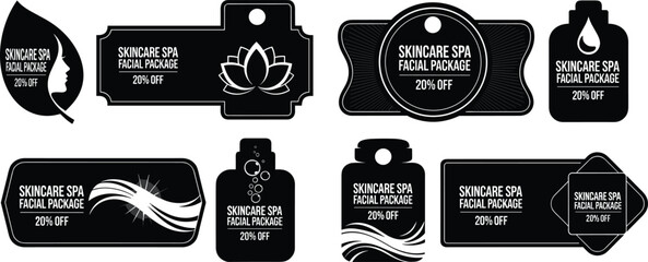 Skincare spa label design, facial package promotion, 20 percent discount, beauty salon sticker, elegant black white badge, cosmetic branding