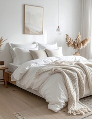 Serene bedroom with minimalist decor, focusing on comfort and light