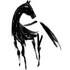 墨で描いた 躍動感がある馬が走るイラスト. 墨で描いた立ち止まり振り返る馬のイラスト.  墨で描いた馬02