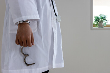 片手に手錠を着けた医者のイメージ（日本人、男性、顔無し、30代）