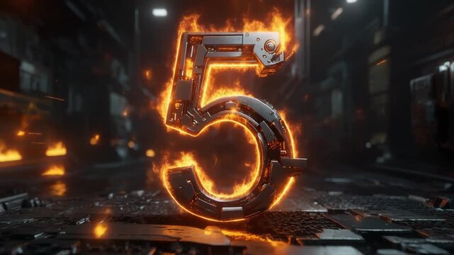 Glowing metallic number 5 engulfed in flames on industrial floor
