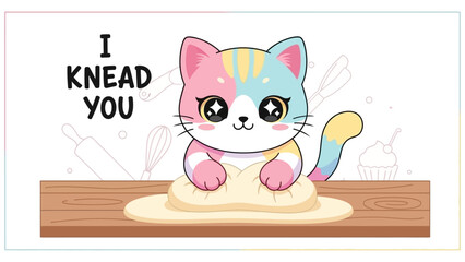 Cute Cat Kneading Heart Dough Pun Vector