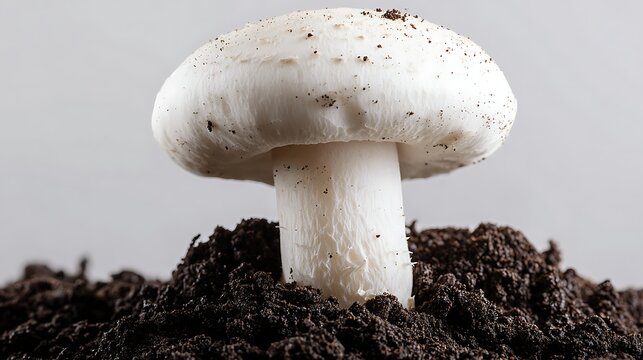 White Mushroom Growth in Soil Organic Isolated Minimalist Detail Macro Close Up Natural Texture Edible Fungus Healthy Nutrition Fresh Produce Earthy