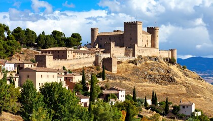 A picturesque landscape showcases an ancient stone fortress perched on a hill, overlooking a quaint village beneath a cloudy sky