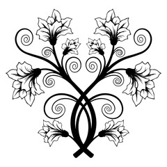 Obraz premium An intertwined floral design featuring curved stems and leaves in a symmetrical black and white illustration