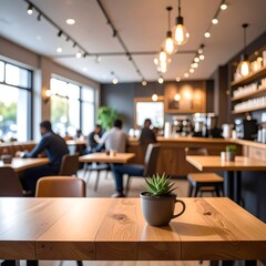Bright, airy coffee shop with wooden tables, pendant lighting, and blurred figures. Plant on table in focus