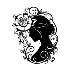 Elegant silhouette of a woman adorned with a rose and floral patterns