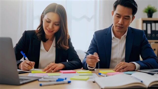 asian and caucasian partners writing documents and notes at desk, quiet corporate office with laptop and stationery, professionals reviewing proposal and signing papers, measured pacing