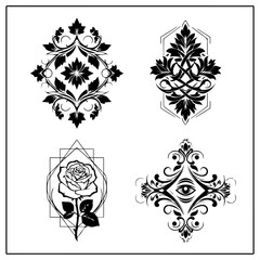 Fototapeta premium Set of four black and white floral designs on a white background