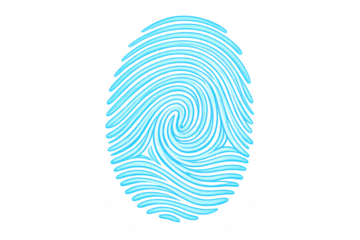 Digital blue glowing fingerprint icon symbolizing cutting-edge biometric security, personal identity verification, and data protection. Transparent background