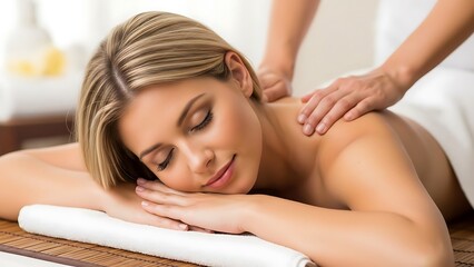 Fototapeta premium Woman receiving a massage on a wooden table with a soft background and white towels