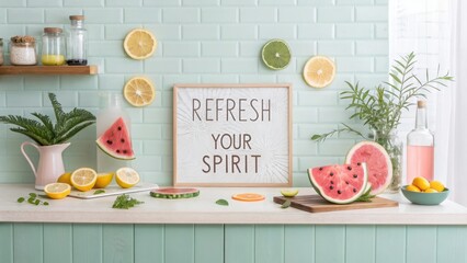 Kitchen Counter with Fruit Slices and Refresh Your Spirit Message