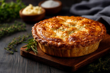 Golden-brown savory pie with flaky crust, garnished with fresh herbs, placed on a wooden board, surrounded by bowls of butter and salt, showcasing delicious homemade comfort food
