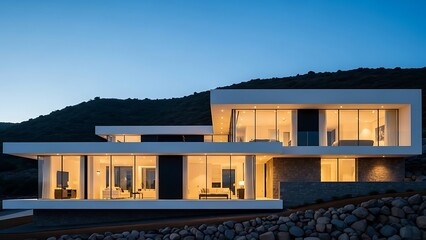 Modern Luxury Villa with Illuminated Interior at Twilight in a Mountain Setting