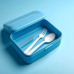 Blue box with cutlery. Bright overhead shot of a blue plastic box with white fork, spoon, and knife inside on blue
