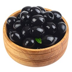 Bowl filled with glistening black olives with a small green leaf nestled among them, set on a white background