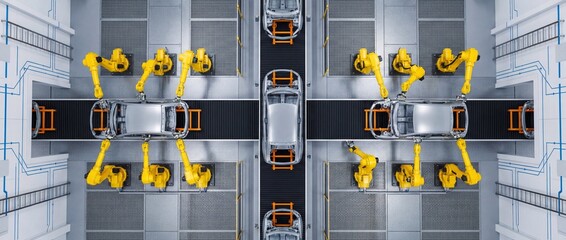 Automated car assembly line with robots