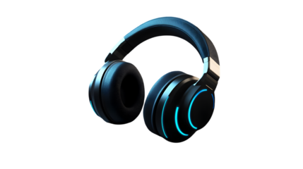 A sleek pair of black headphones with blue accents against a dark background