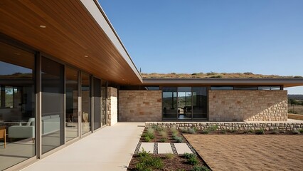 Fototapeta premium Modern Luxury Ranch Home with Stone Facade and Expansive Glass Under Bright Blue Sky