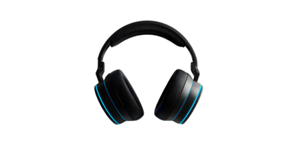 A pair of sleek black headphones with blue accents against a dark background