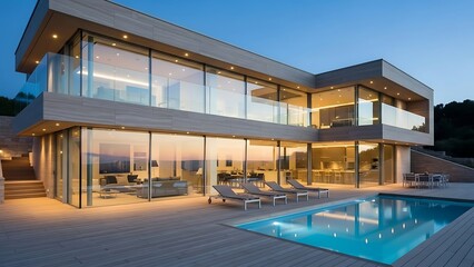 Obraz premium Luxury Modern Villa with Infinity Pool at Dusk Exclusive Contemporary Architecture