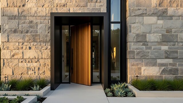 Modern Luxury Home Entrance with Oversized Pivot Wooden Door and Stone Facade