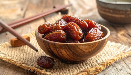 Delicious Dates in a Wooden Bowl on a Rustic Table.