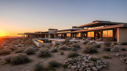 Obraz premium Luxury Modern Desert Home at Sunset in Arid Landscape