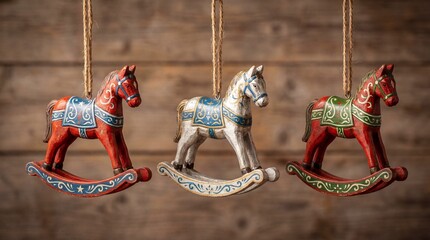 Three wooden rocking horses ornaments