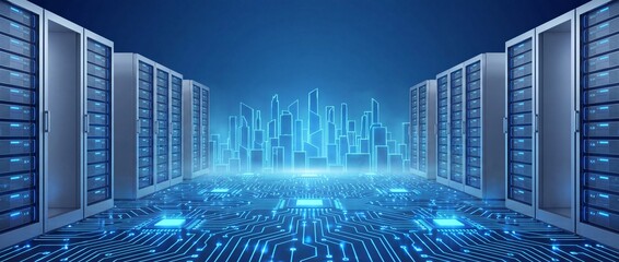 Server room with digital city background