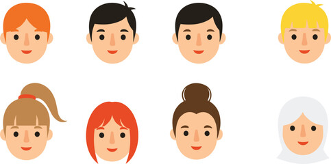 Set of male and female avatar faces with different hairstyles in flat minimal cartoon vector style