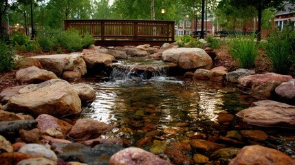 Tranquil stream flowing through a natural environment near a wooden bridge