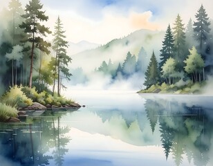 Serene watercolor scene of a misty lake surrounded by evergreen trees