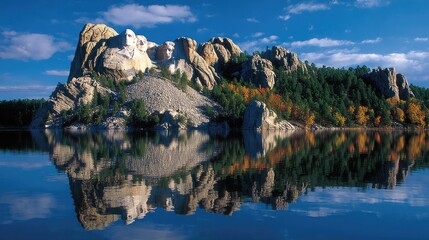 Rocky mountain landscape with water reflection and green forest scenery