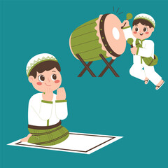 Cartoon illustration of two Muslim boys celebrating, one praying on a mat and the other playing a traditional drum.