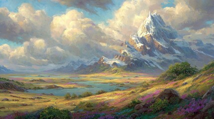 Majestic snow capped peak towers over a vibrant, expansive valley under dramatic sky
