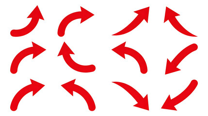 Directional Arrow Set Concept: Collection of red curved arrows pointing in multiple directions, symbolizing movement, navigation, choices, flow, and dynamic direction changes.