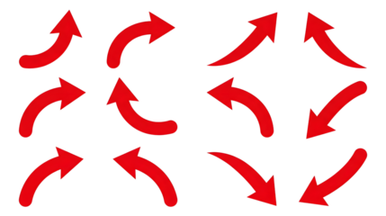 Directional Arrow Set Concept: Collection of red curved arrows pointing in multiple directions, symbolizing movement, navigation, choices, flow, and dynamic direction changes.