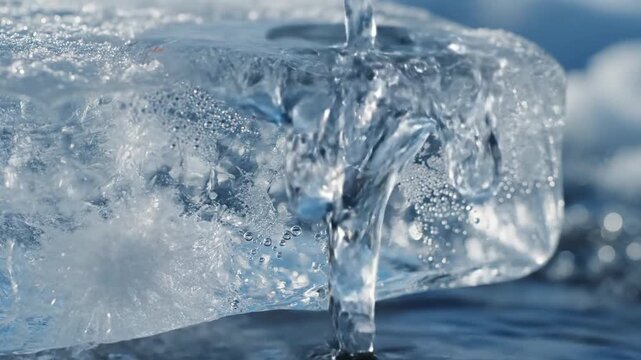A close-up, high-speed photograph of a person splashing crystal-clear, icy water onto their face, with droplets frozen in mid