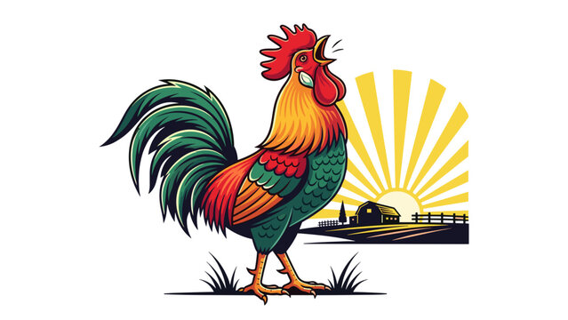 Crowing Rooster Vector Illustration: Morning Farm Animal Symbolism - Cheerful Farmhouse Decor, Animated Cartoon Character, Isolated on transparent background