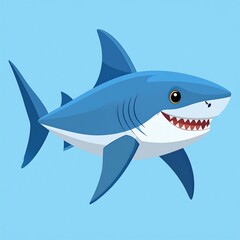 Blue cartoon shark with white teeth, an orange eye, and fins swimming against a light blue background