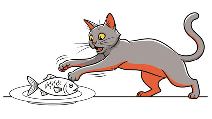 Obraz premium Cartoon Cat Stealing Fish - Playful Feline Thief Vector Illustration, comical pet design isolated on transparent background, hungry pet concept