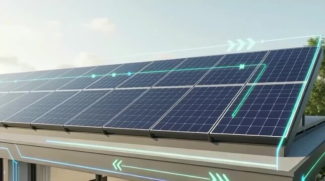 Installation of solar panels on a modern residential building with graphic overlays indicating energy efficiency and sustainability features