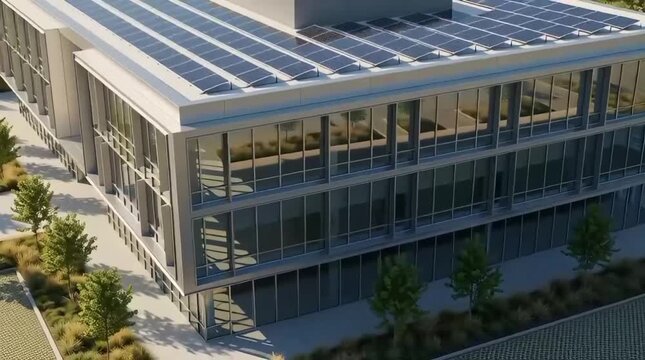 Aerial view of modern building with solar panels and graphic design elements on rooftop