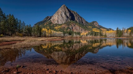 Majestic rugged peak dominates the landscape reflected perfectly in still clear water during autumn